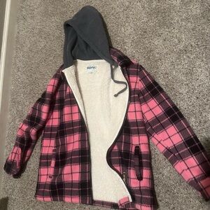 Pink Plaid Jacket with Gray Hood